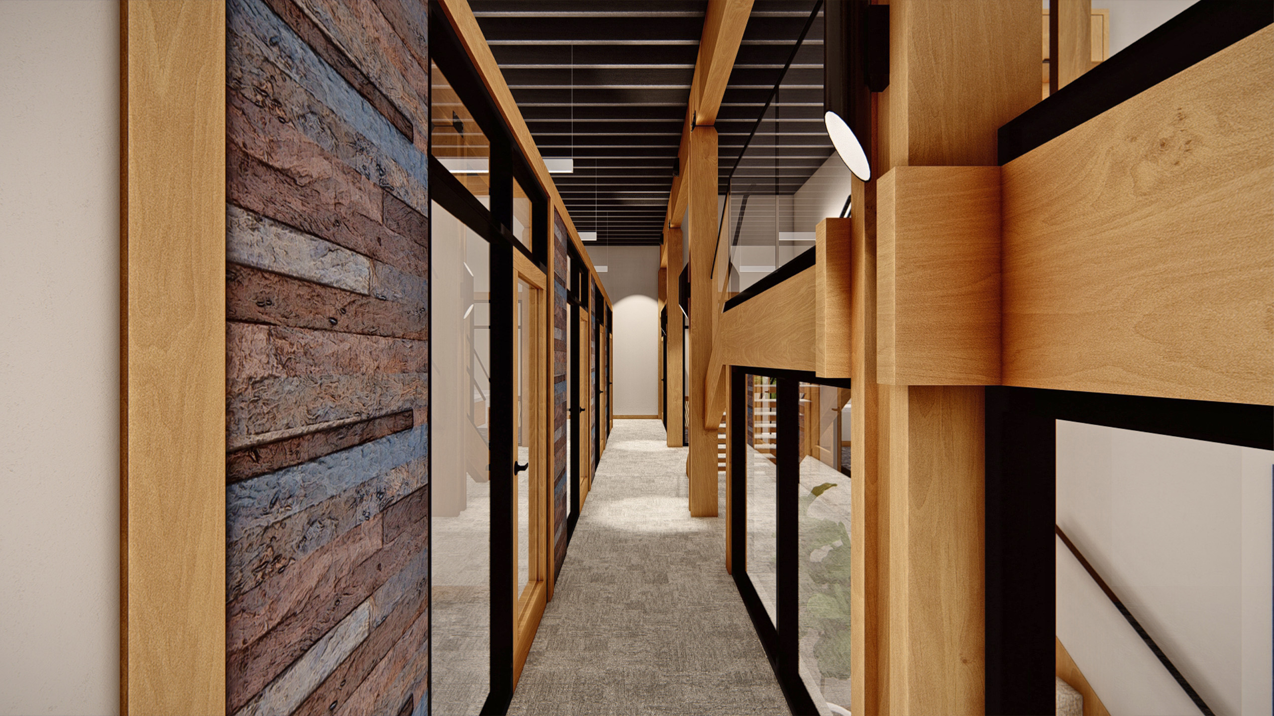 Interior corridor at Coldwell Banker in The Shops, Coeur d'Alene, Idaho, featuring a modern design with glass office fronts, wood-framed partitions, exposed wood joists, and textured wall covering.