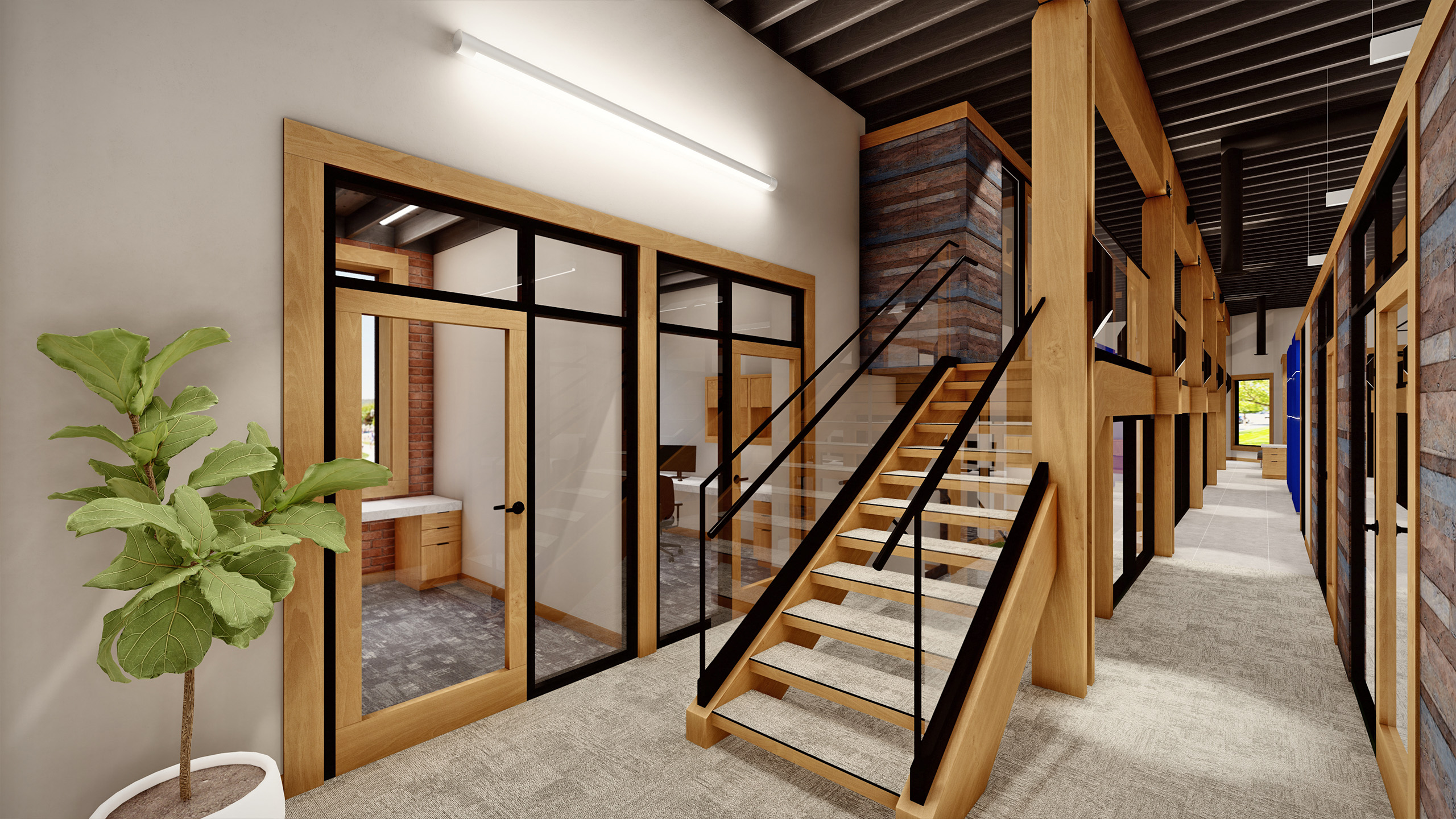 Interior hallway view at Coldwell Banker in The Shops, Coeur d'Alene, Idaho, featuring glass-walled offices, a modern wood and metal staircase, reclaimed wood paneling, and exposed ceiling joists.