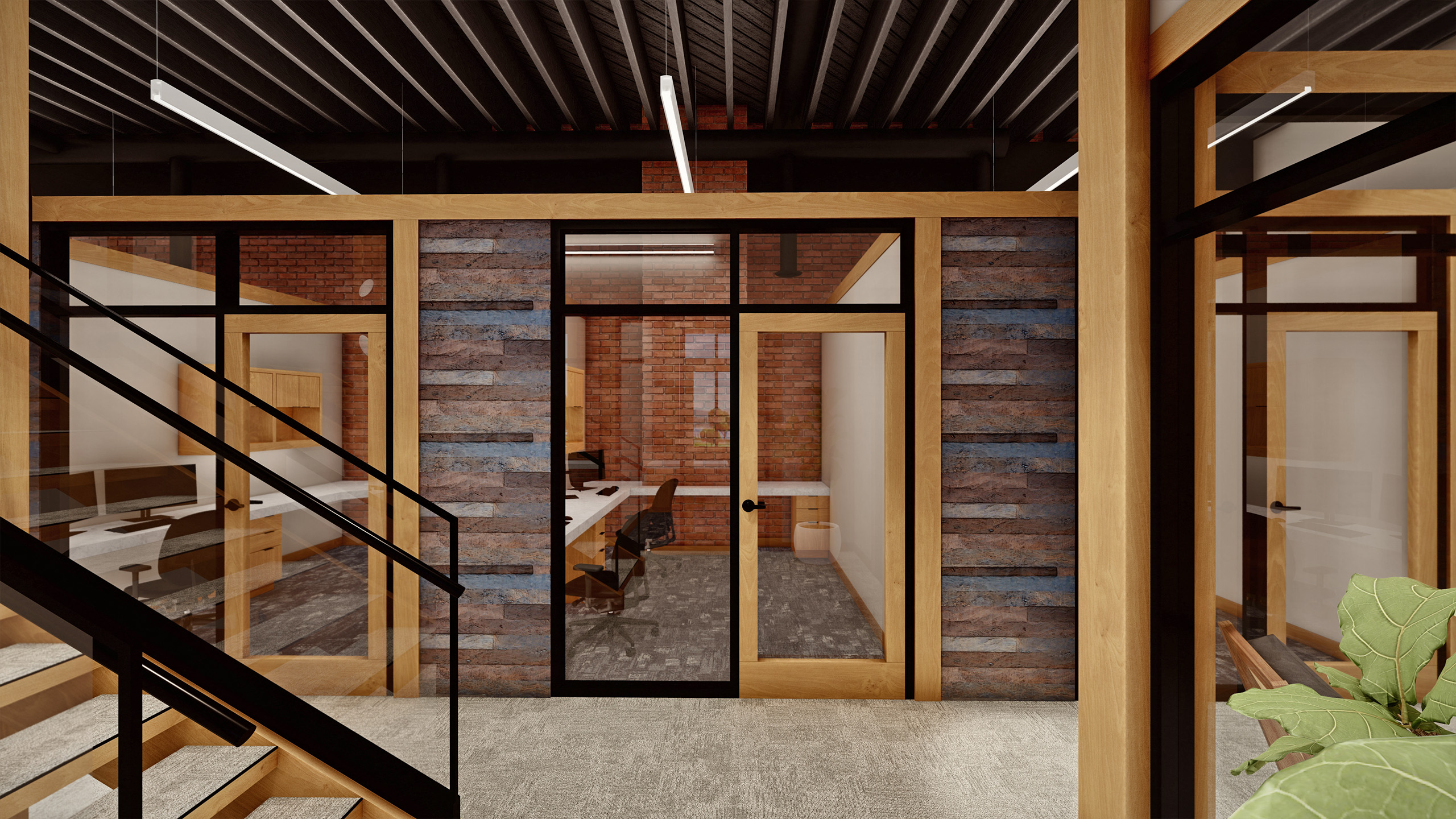 Interior office view at Coldwell Banker in The Shops, Coeur d'Alene, Idaho, showing enclosed workspaces with glass doors, reclaimed wood paneling, exposed brick walls, and an industrial ceiling with modern lighting.