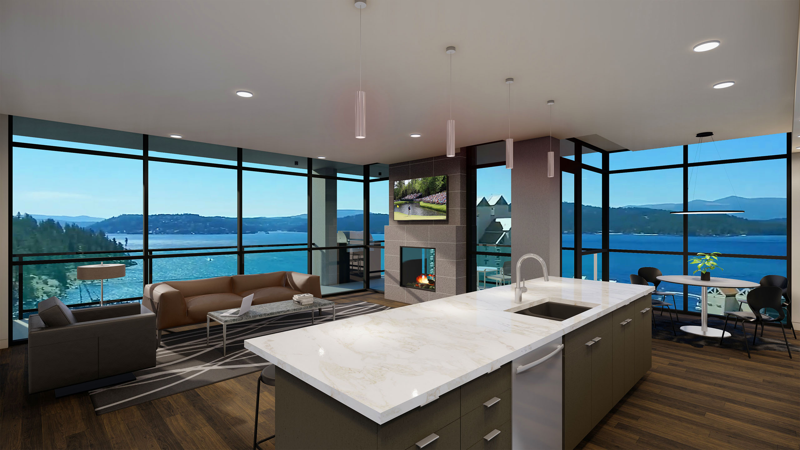 Open-plan living space at The Thomas George featuring a marble kitchen island, modern fireplace, and panoramic lake views through floor-to-ceiling windows.