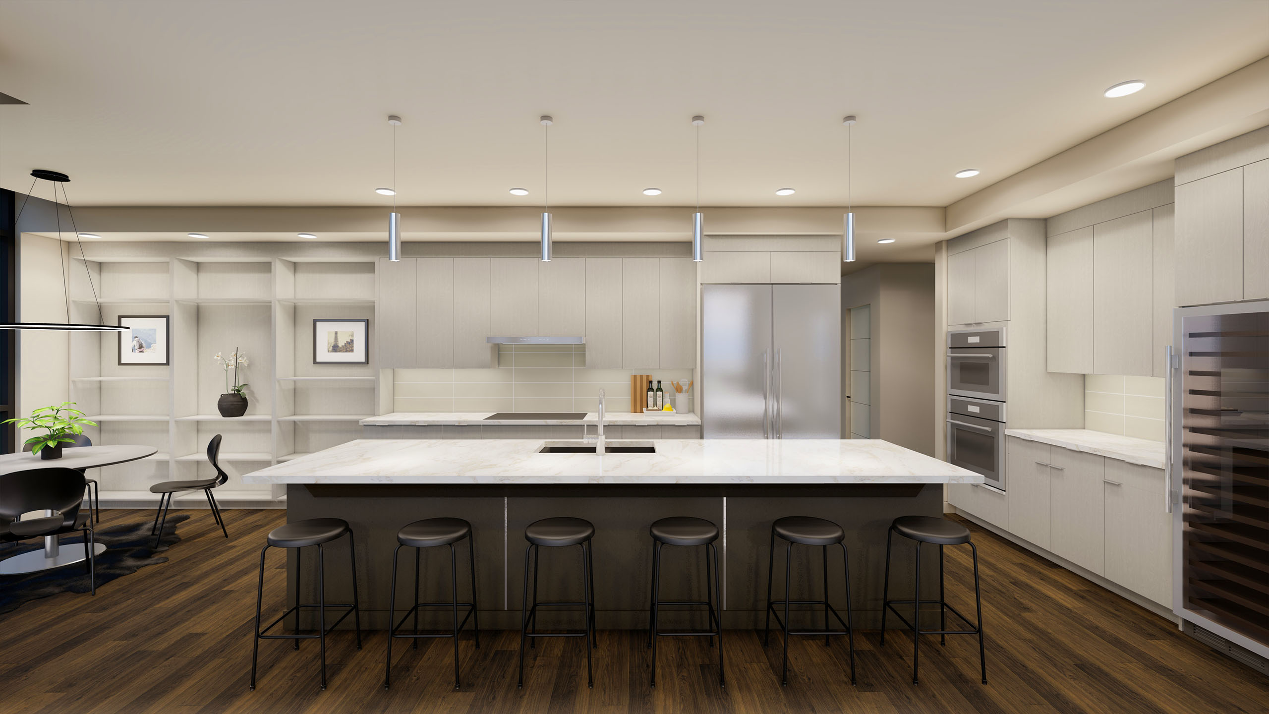 Light-toned kitchen interior at The Thomas George featuring marble countertops, integrated appliances, custom shelving, and dark wood flooring.