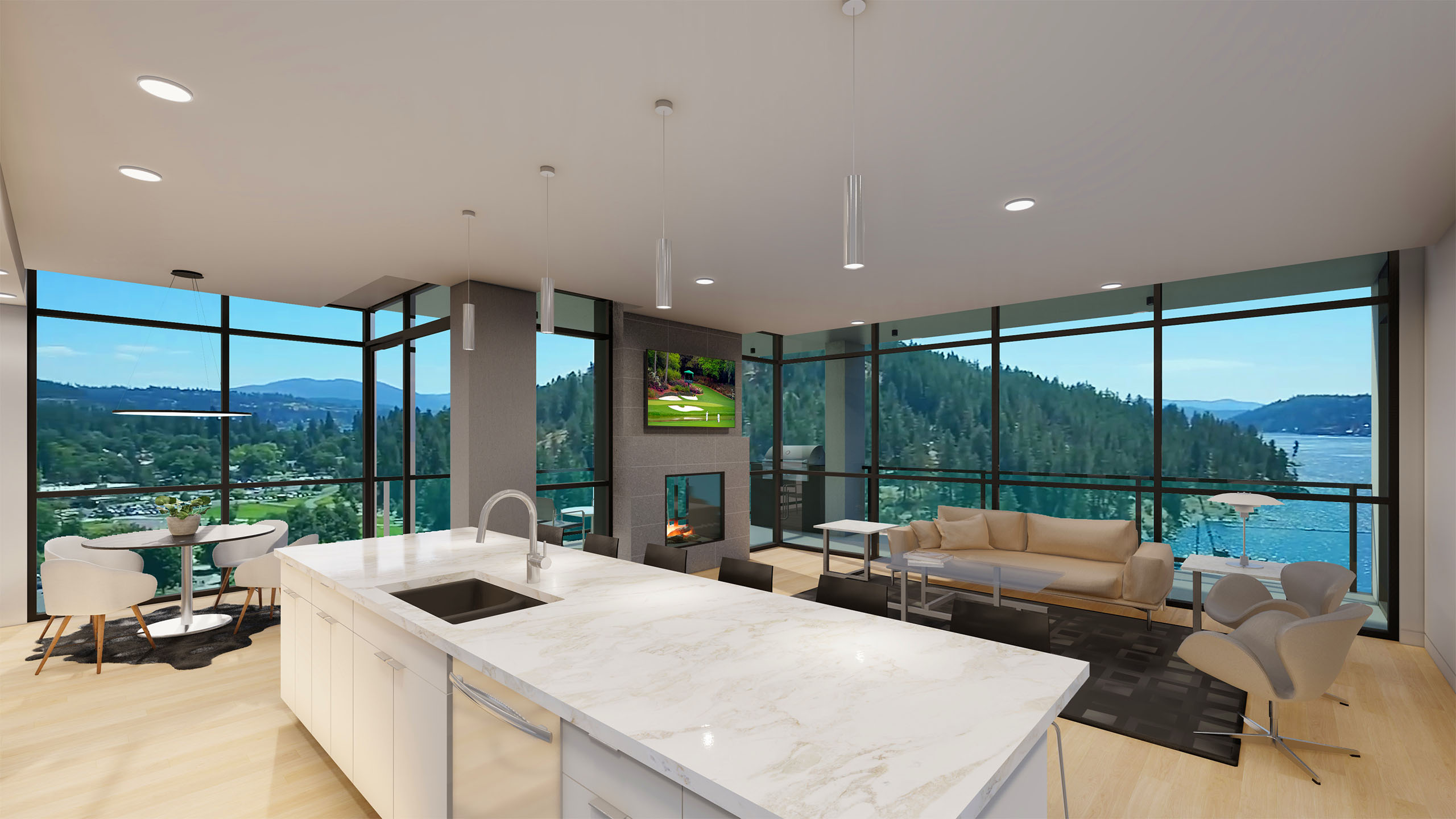 Open-concept living area at The Thomas George with floor-to-ceiling windows, lake and forest views, and a modern kitchen with marble island.